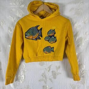 Custom Rework Piranha Fish Patch Cropped Hoodie Mustard Yellow Kids US 8-10